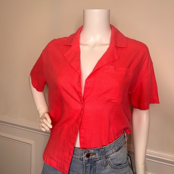 Women's Linen Short Sleeve Button Down Camp Shirt- A New Day, Pink - Picture 2 of 16